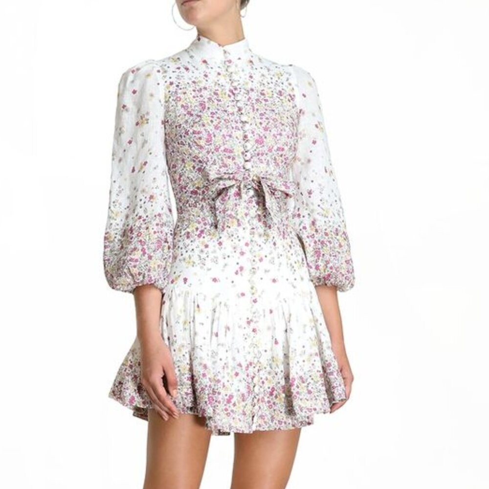 Zimmerman Carnaby Linen Floral White and Pink Dress (Size 2)